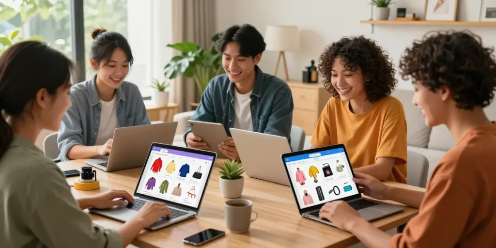 Engaging online shopping scene showcasing jebolwd products with diverse shoppers in a cozy home setting.