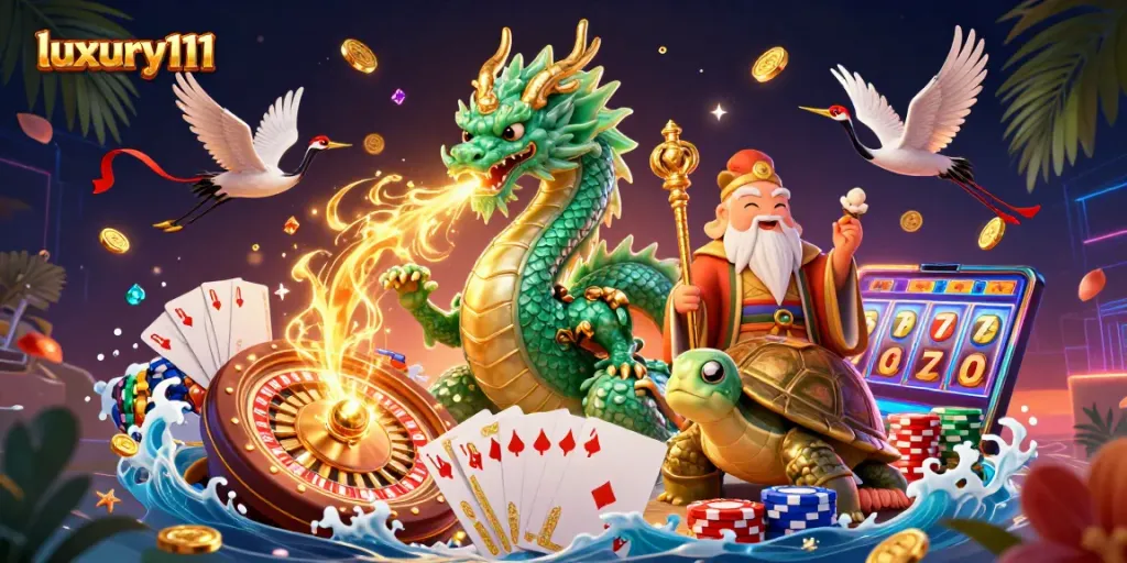 Engage with luxury111 in an exhilarating gaming scene featuring a jade dragon and poker elements.
