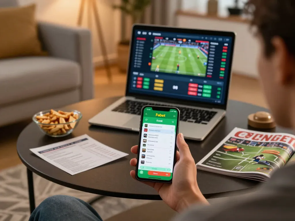 Engaging with the Fabet app for online sports betting, highlighting live odds and excitement.
