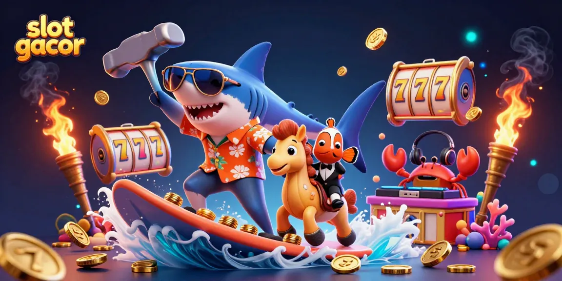 Slot gacor yang menarik dengan karakter lucu dan mesin slot yang penuh warna.