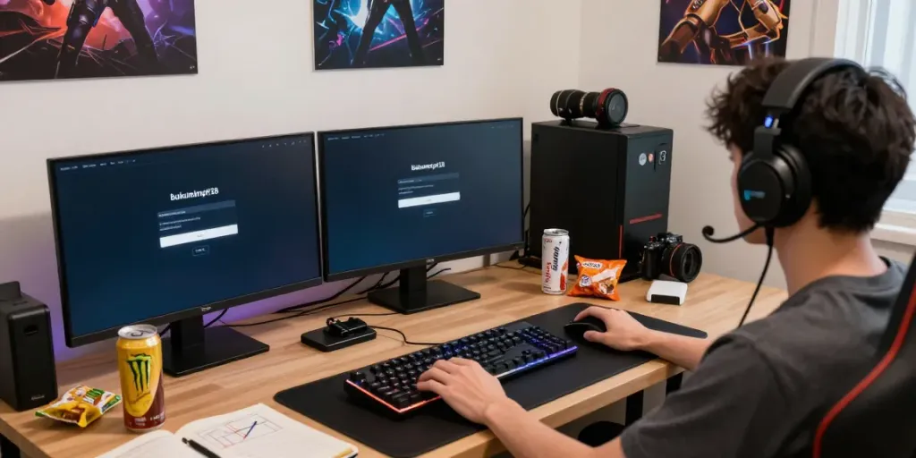Gamer menggunakan bukumimpi138 login di meja penuh peralatan gaming dengan monitor dan aksesori.
