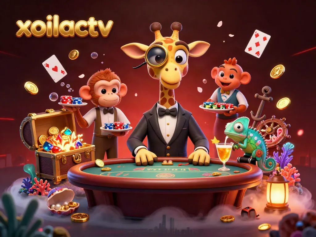 Xoilactv offers a dynamic gambling experience with a high-roller giraffe at a poker table amidst gold coins and glowing treasures.
