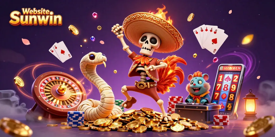 Engage with the exciting world of Website Sunwin as a lively skeleton rooster and friends celebrate on a gold coin pile.