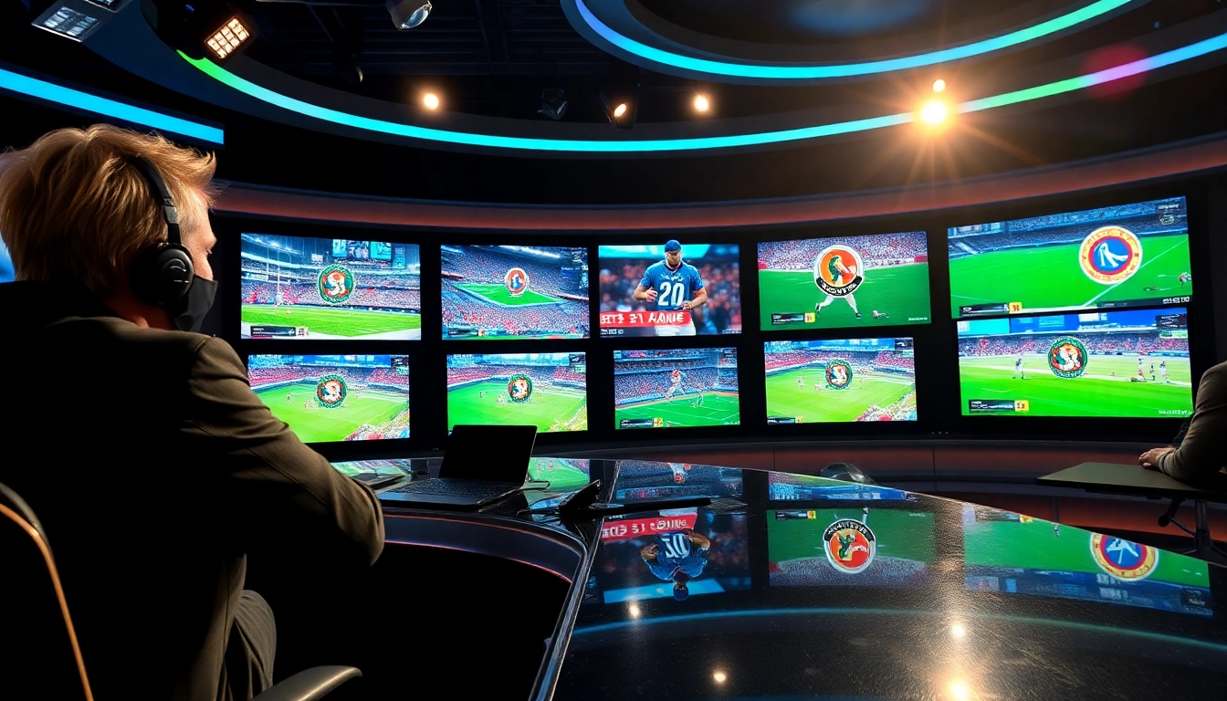 Engaging sports broadcasting studio with a dynamic host presenting live events.
