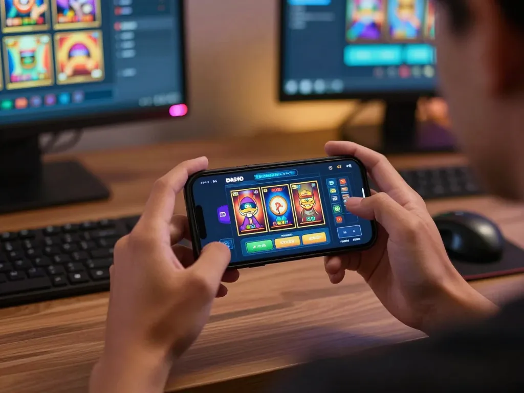 DASI4D tautan alternatif momen permainan dengan pemain menikmati permainan slot di smartphone dalam pengaturan modern.