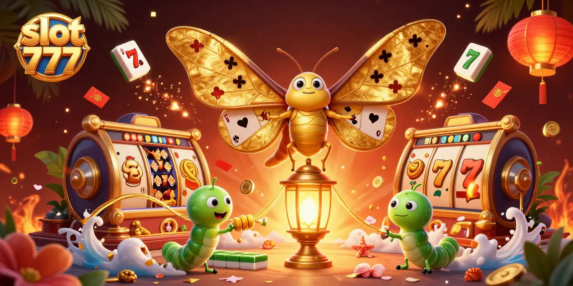 Experience the thrilling slot 777 gameplay with dynamic golden moths and casino elements.