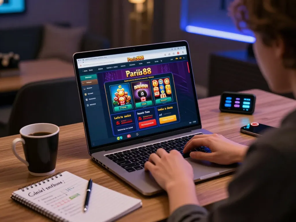 Engaging in paris888 online gaming strategy with a laptop, showcasing poker options and a cozy atmosphere.