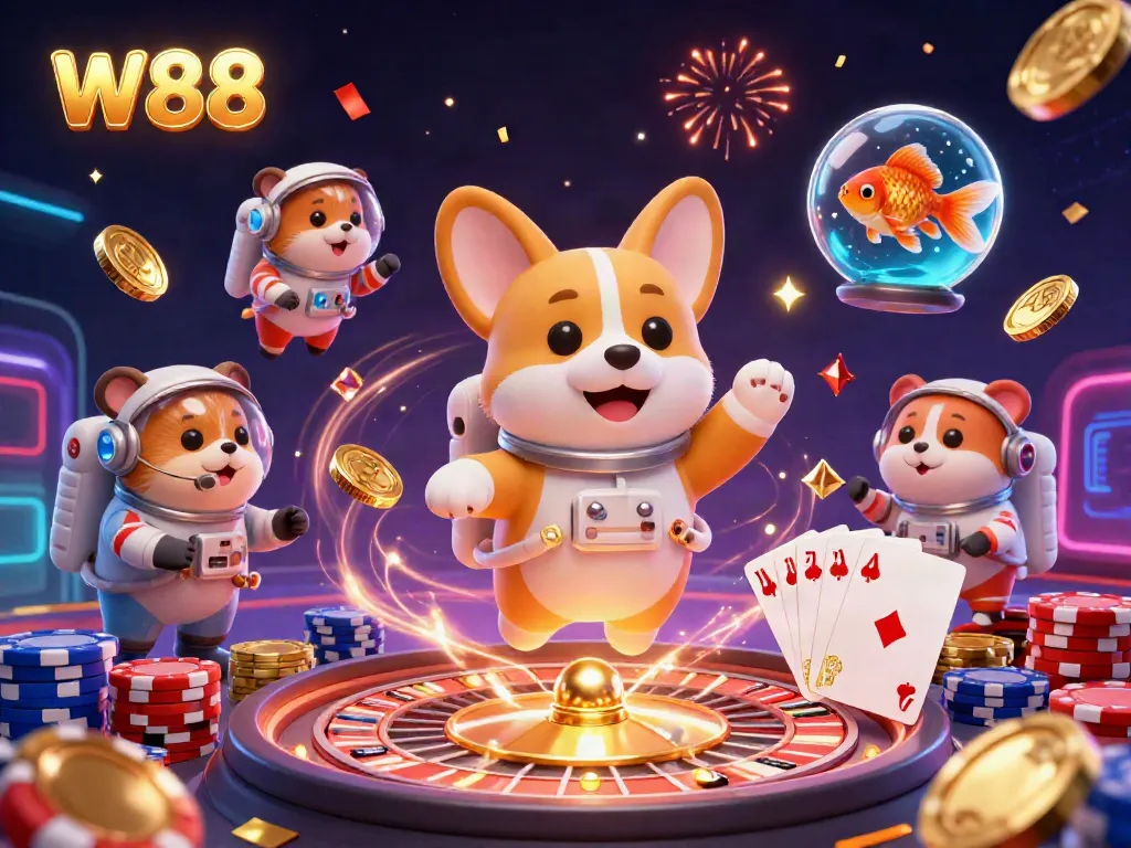 W88 casino illustration showing an astronaut corgi in a space station surrounded by vibrant gaming elements.
