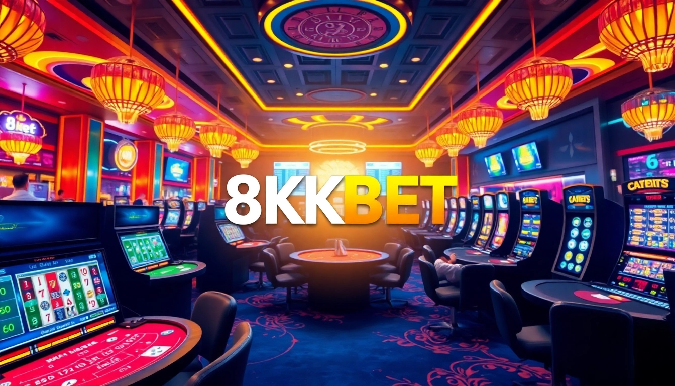 Engaging casino scene with 8KBET branding and game elements like cards and chips.