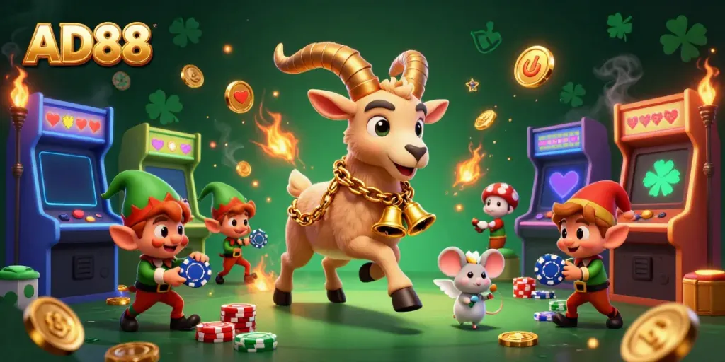 Experience thrilling gameplay at AD88 casino with Krampus and festive characters amidst lively gaming elements.