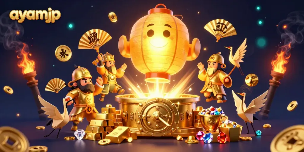 Win big with ayamjp at the dynamic lottery-themed casino featuring glowing treasures and lucky symbols.