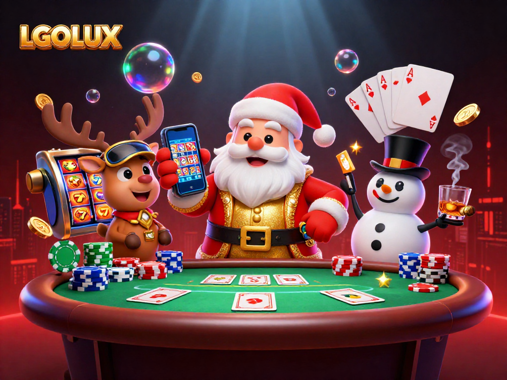 Celebrate big wins with LGOLUX as Santa and friends enjoy a vibrant casino scene filled with slots.