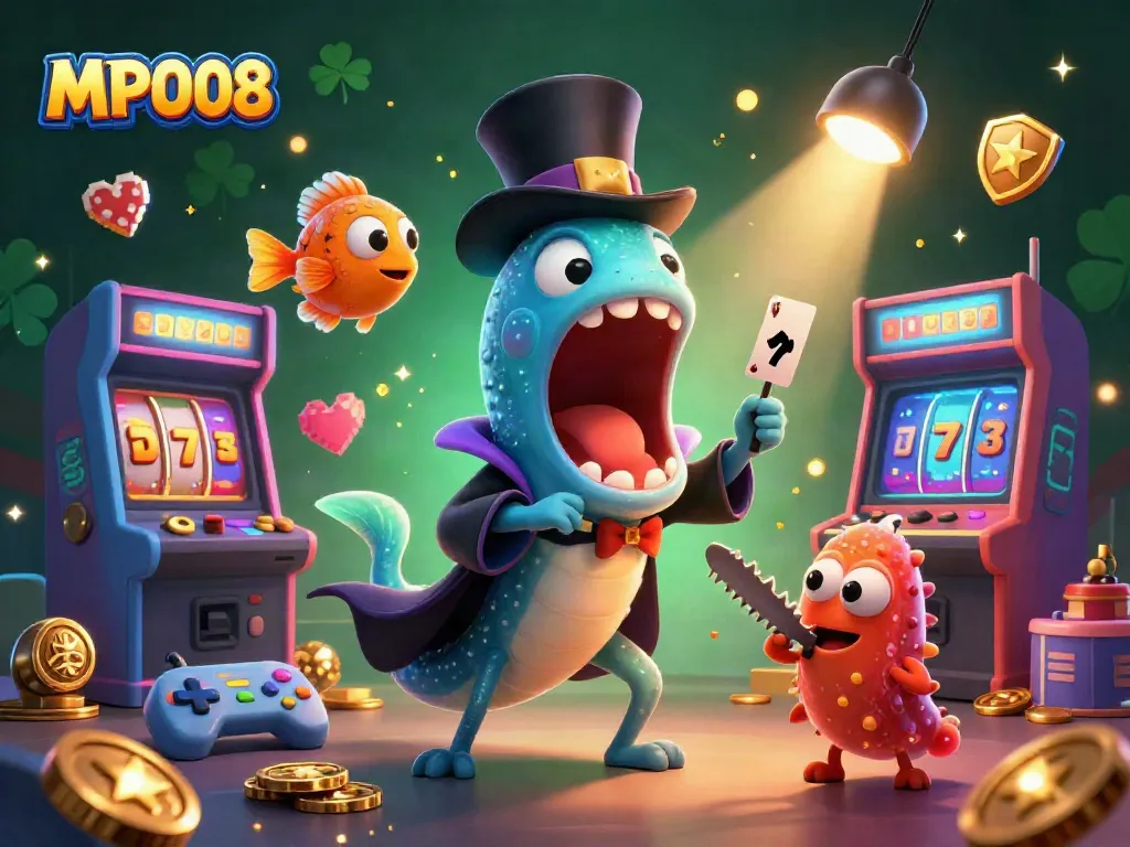 MPO08 card tricks showcased by a deep-sea eel, anglerfish, and sea cucumber in a vibrant casino scene.