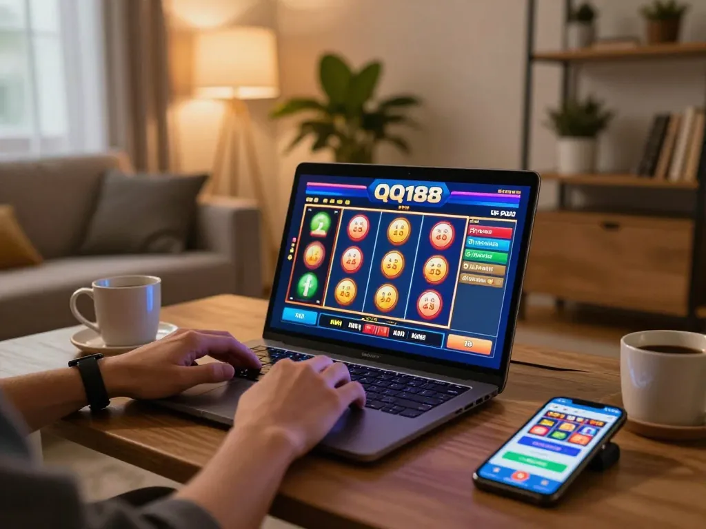 Memainkan QQ188 Slot di laptop dalam suasana rumah yang nyaman dengan visual yang menarik dan pencahayaan yang hangat.