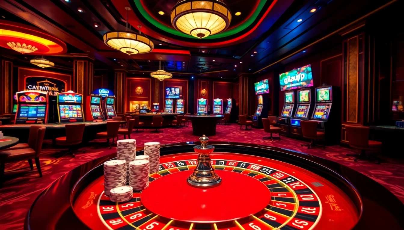Experience the thrill of gilajp with players engaging around a vibrant roulette table.