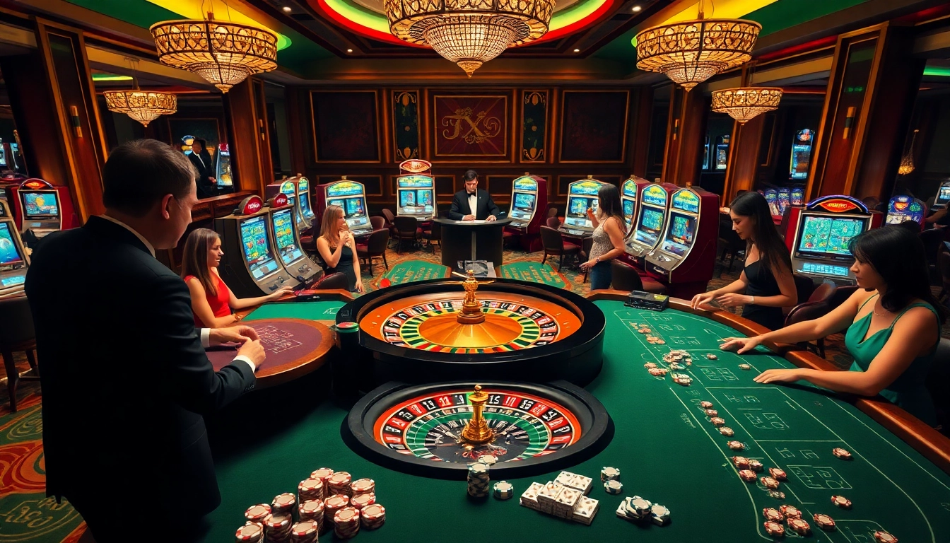 Players enjoying diverse gambling activities at an elegant casino, featuring XX88 as the centerpiece.