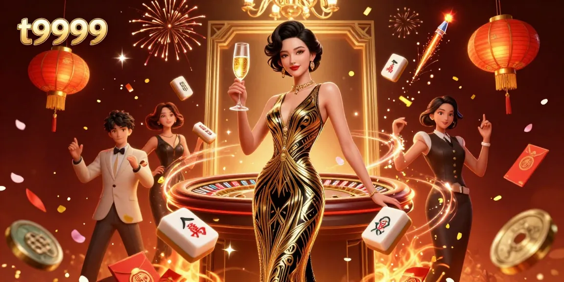 Experience thrilling moments with t9999 in a lavish casino scene filled with festive elements and glamorous characters.