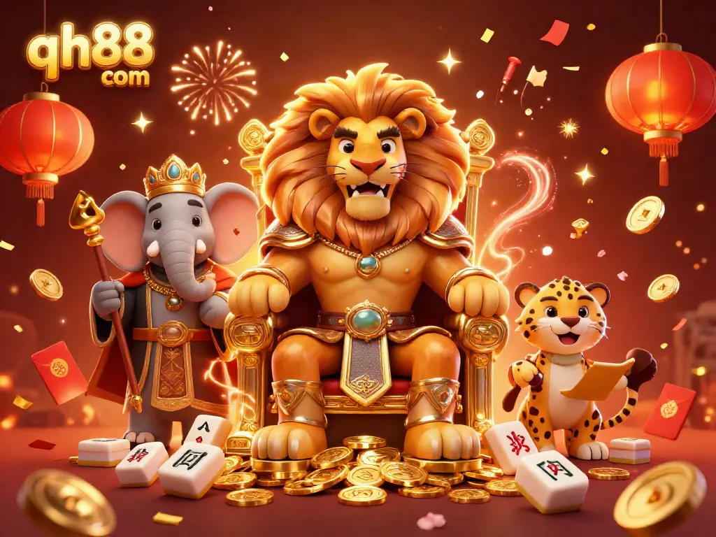 Experience the excitement of qh88 com with a dynamic gambling scene featuring a lion king, elephant advisor, and cheetah messenger.