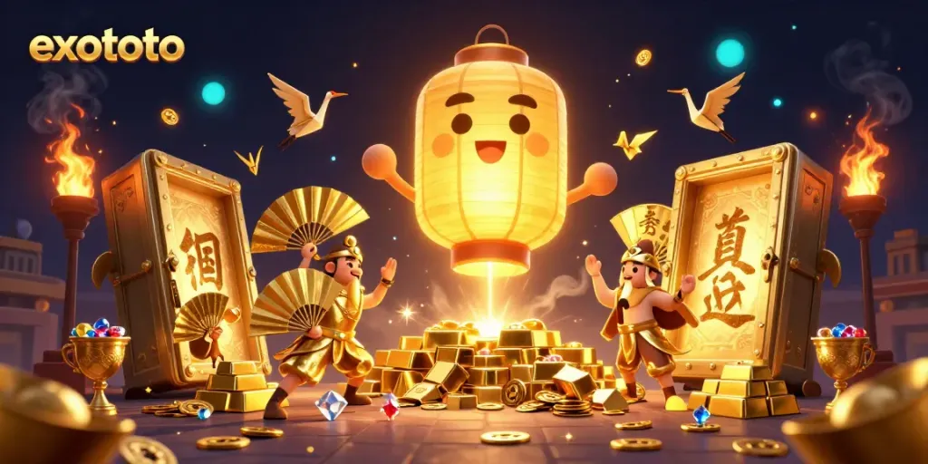 Permainan slot gacor di exototo dengan karakter lampion emas dan harta tak terbatas.