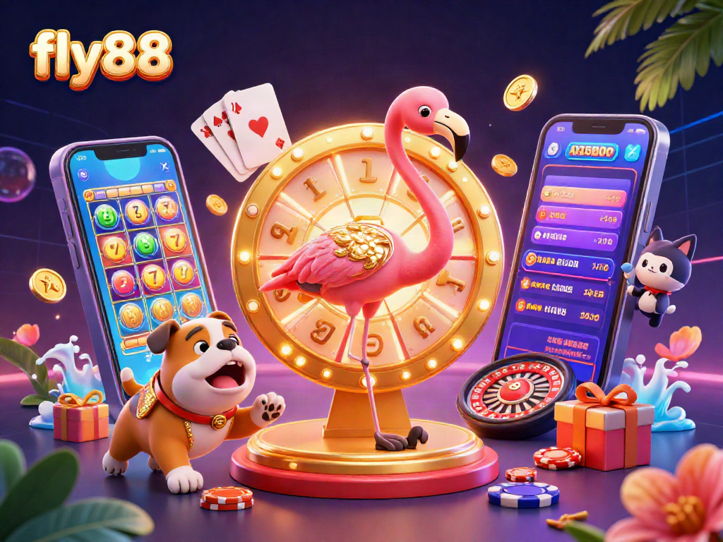 Spin the giant prize wheel with fly88 in a vibrant casino scene featuring captivating characters.
