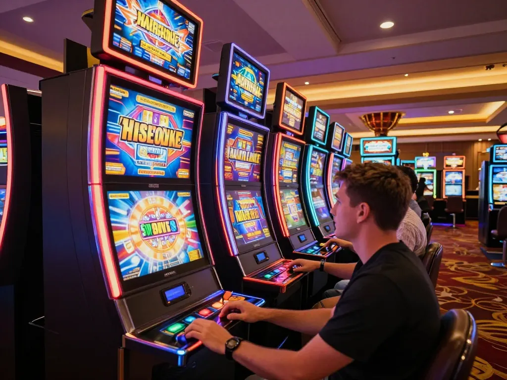 Players engaging with slot machines, showcasing vibrant colors and exciting gameplay in a lively casino