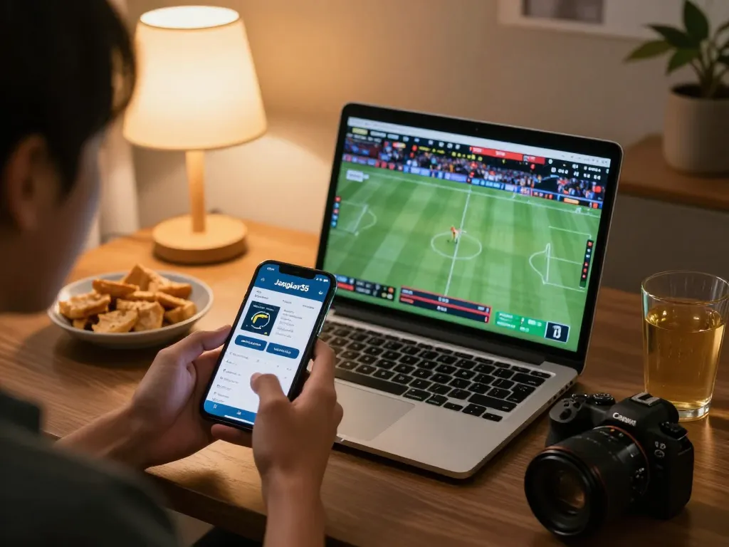 Betting on sports using the jangkar55 app in a cozy setting with snacks and drinks.