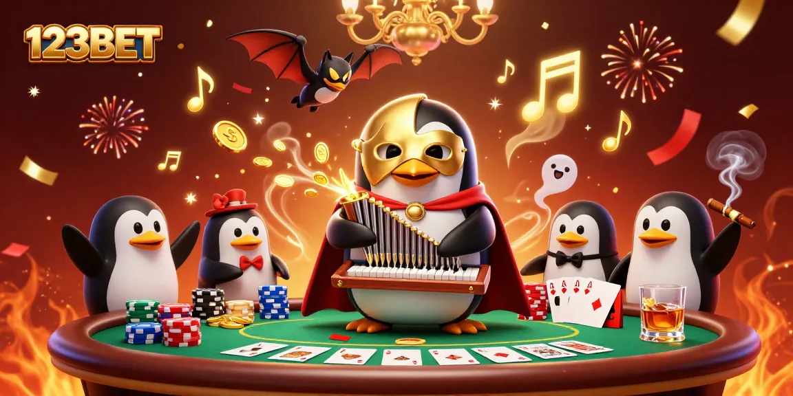 Experience thrilling action at 123BET with a vibrant gaming scene featuring a penguin, poker elements, and celebration.