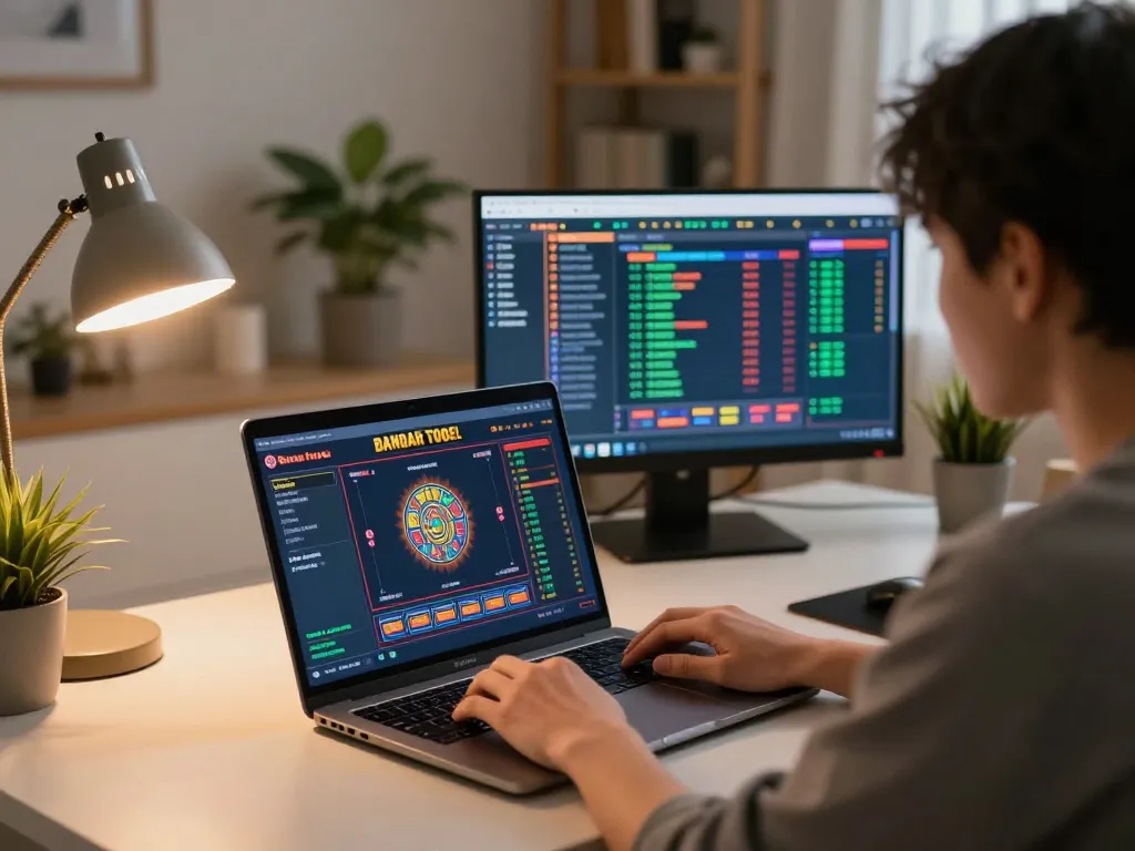 Bermain permainan Bandar Togel Slot di rumah, menganalisis strategi di laptop dan monitor.