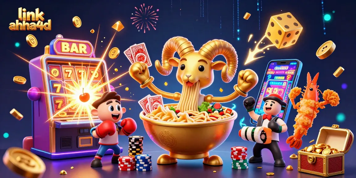 Link ahha4d menang di kasino dengan ilustrasi 3D dari semangkuk ramen dan simbol keberuntungan.