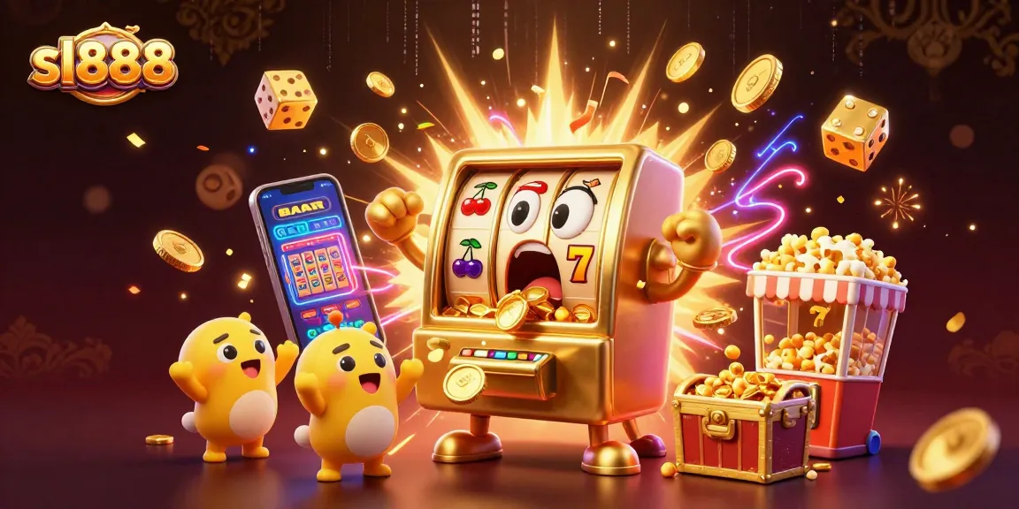 Experience the sl888 excitement as a cartoon slot machine hits the jackpot with golden coins pouring out, surrounded by cheering baby machines.