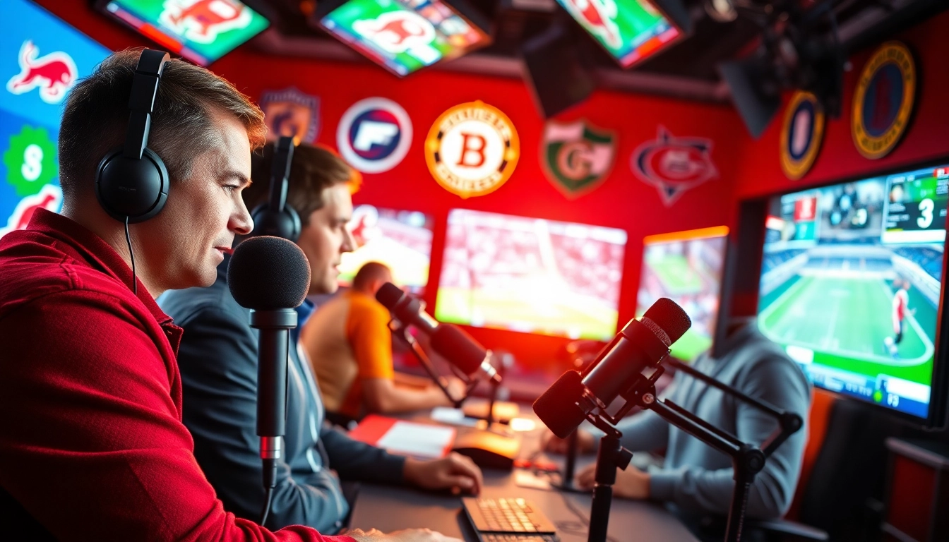 Sports Broadcasting professionals dynamically engage with live events in a high-tech studio.