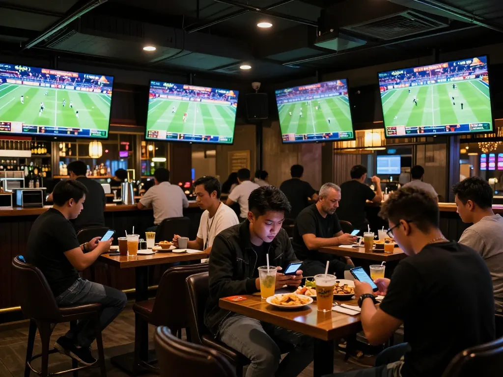 Engaging sports betting scene showcasing live kèo nhà cái action at a bustling bar.