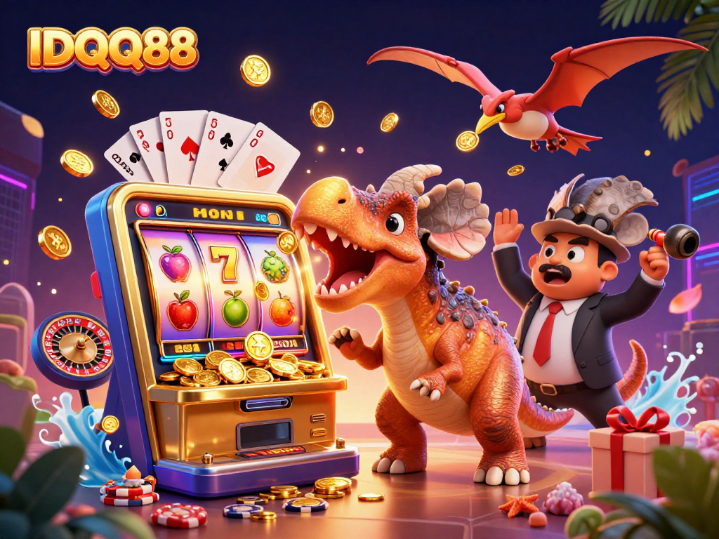 IDQQ88 unleashes excitement with a pachycephalosaurus jackpot headbutt at a lively casino scene.