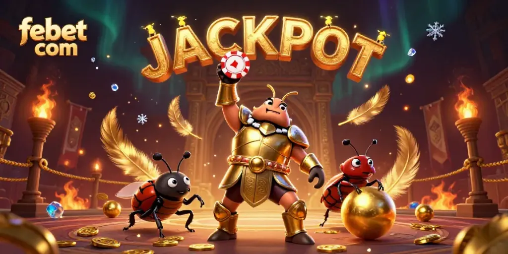 Engage in epic wins with febet com featuring a victorious beetle champion amid gambling elements.