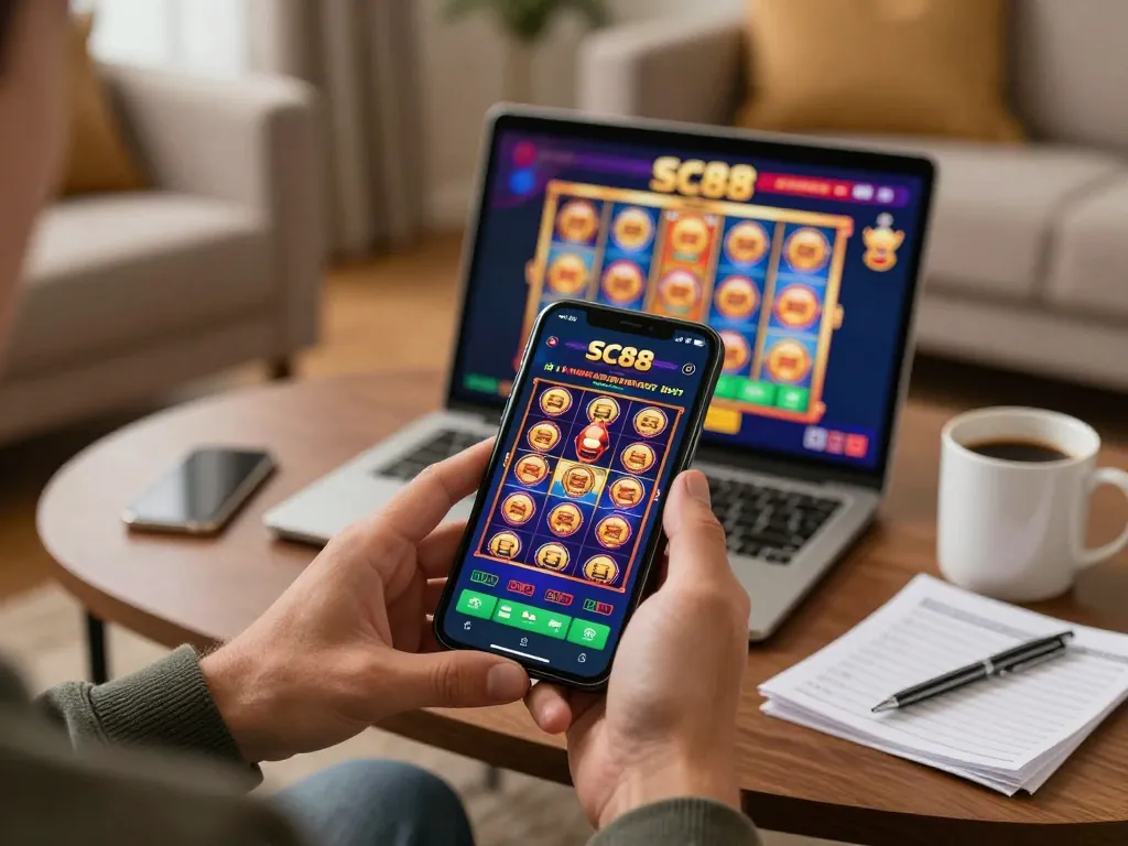 Player enjoying SC88 online gaming experience on a smartphone, surrounded by a cozy home atmosphere.