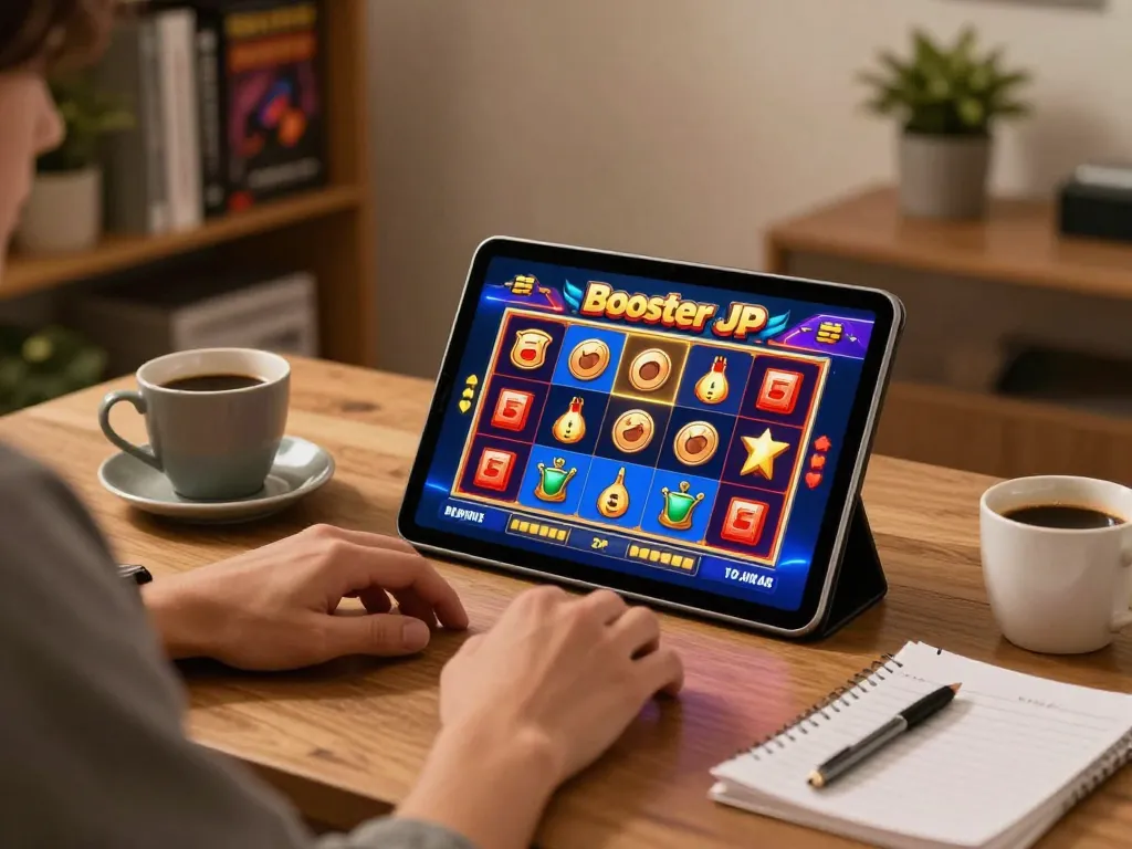 Engaging in slot gaming on Booster JP with a cozy atmosphere and winning symbols on screen.