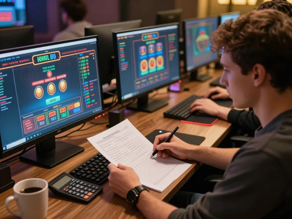 Engaging gameplay at https://w188.bid/ with multiple screens showing casino games and a player analyzing strategies.