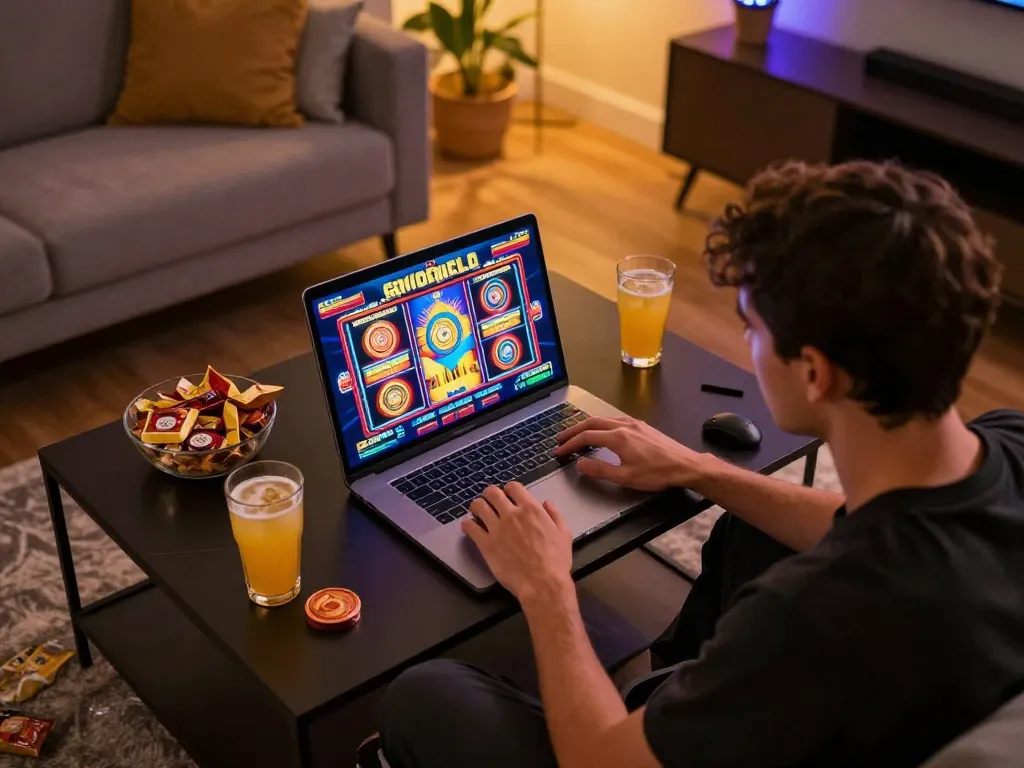 A focused player enjoying Agen Slot online on a laptop amidst a cozy home setup with snacks and ambient lighting.