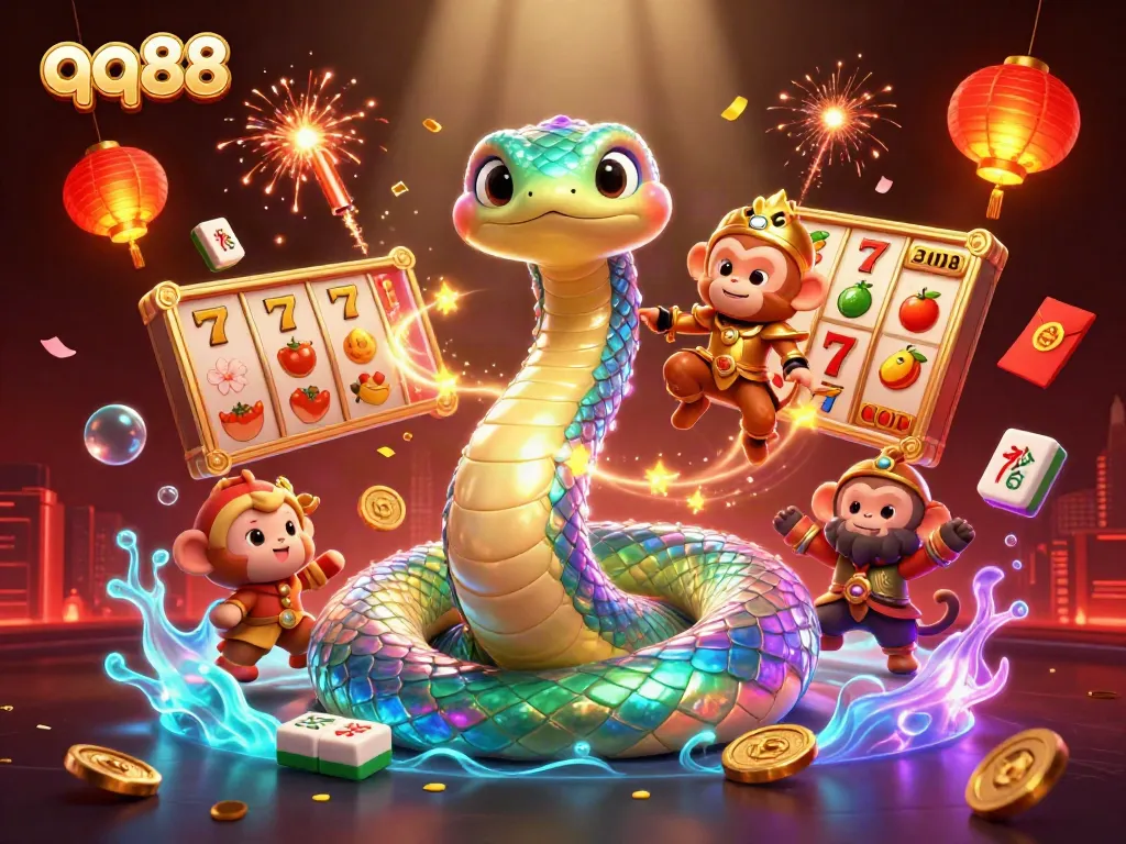 Engage with qq88's vibrant world featuring 3D casino characters amidst dynamic slot elements and energetic visuals.