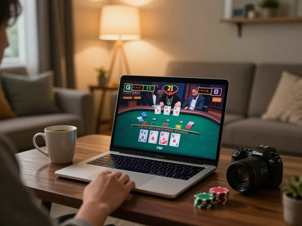 manclub player engaged in a live dealer game on laptop in a cozy home setup