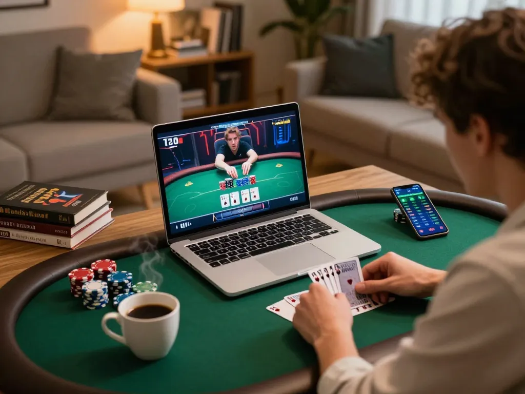 LIGA2000 themed poker game setup showing player engaged in online strategy.