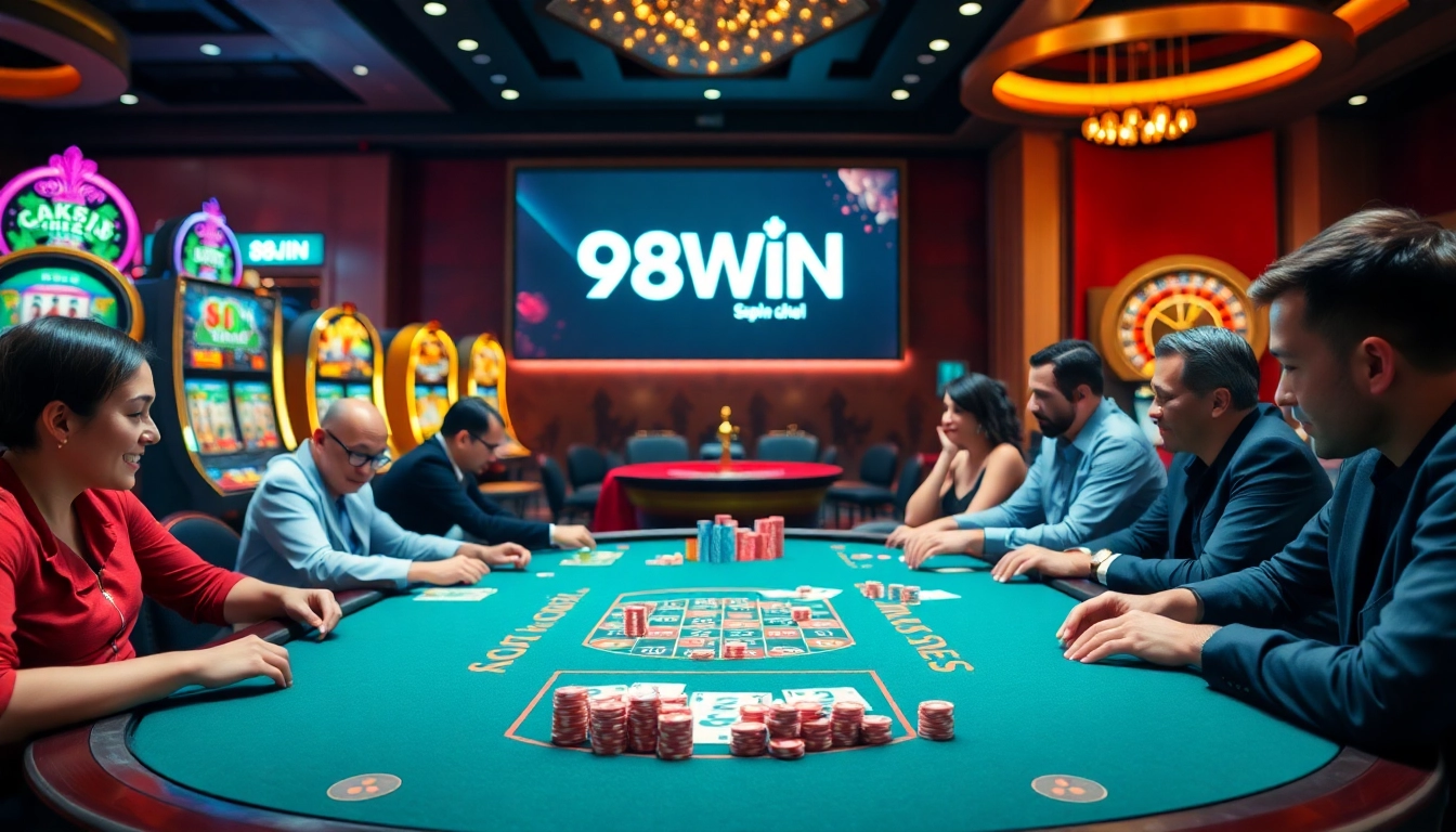 Engage in thrilling gameplay at 98WIN's poker table, showcasing vibrant chips and cards.