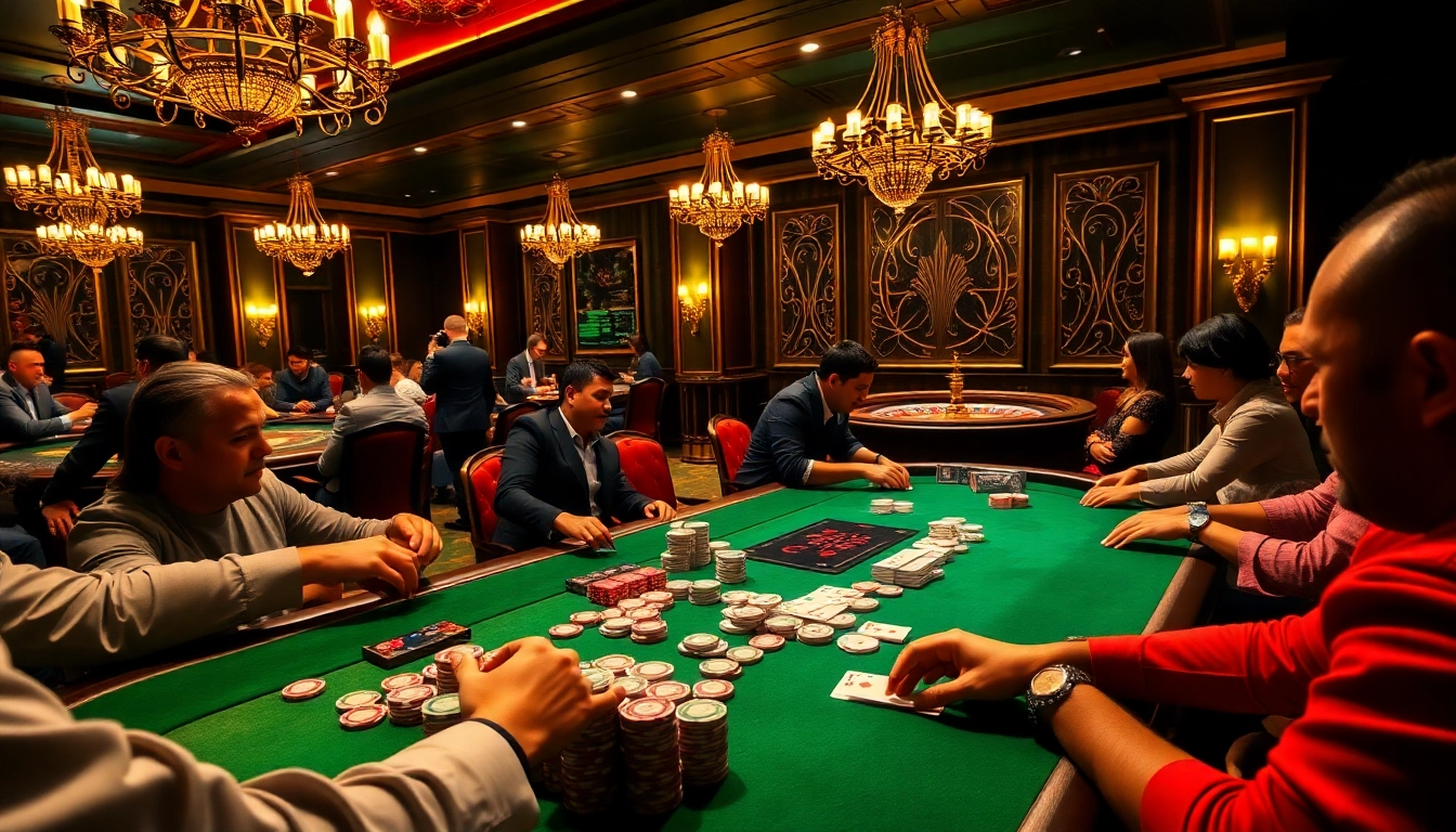 Engaged players at a CM 88-themed poker table surrounded by vibrant casino decor and thrilling atmosphere.