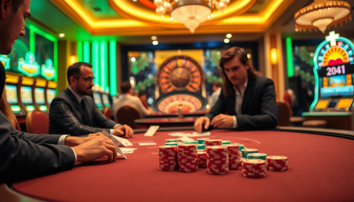 Engaged players at a poker table in a luxury casino setting, featuring https://x88ni.com/.