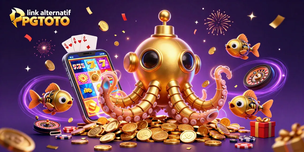 Engage with the thrilling link alternatif PGTOTO scene featuring a golden kraken submarine amidst slot games and casino elements.