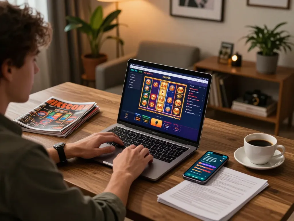 IDNSCORE gaming interface in a cozy home office, showcasing online gambling strategy.