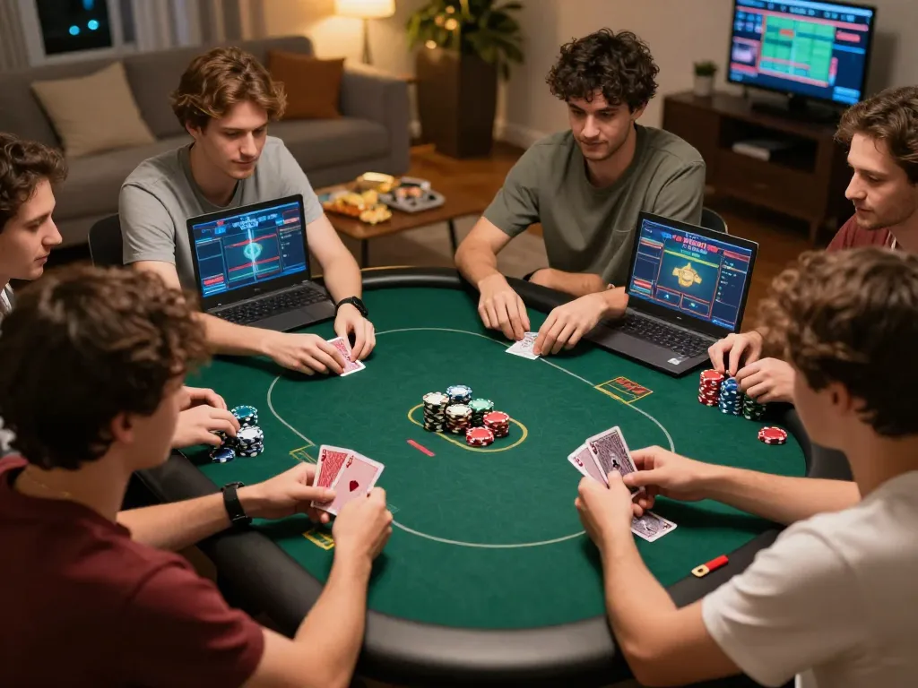 MPO08 online poker players engaging in gameplay with chips and cards, showcasing social interaction.