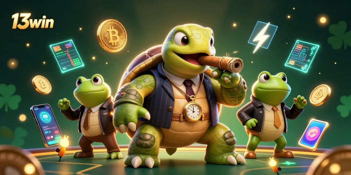 Experience the excitement of 13win with vibrant casino characters and glowing crypto elements.
