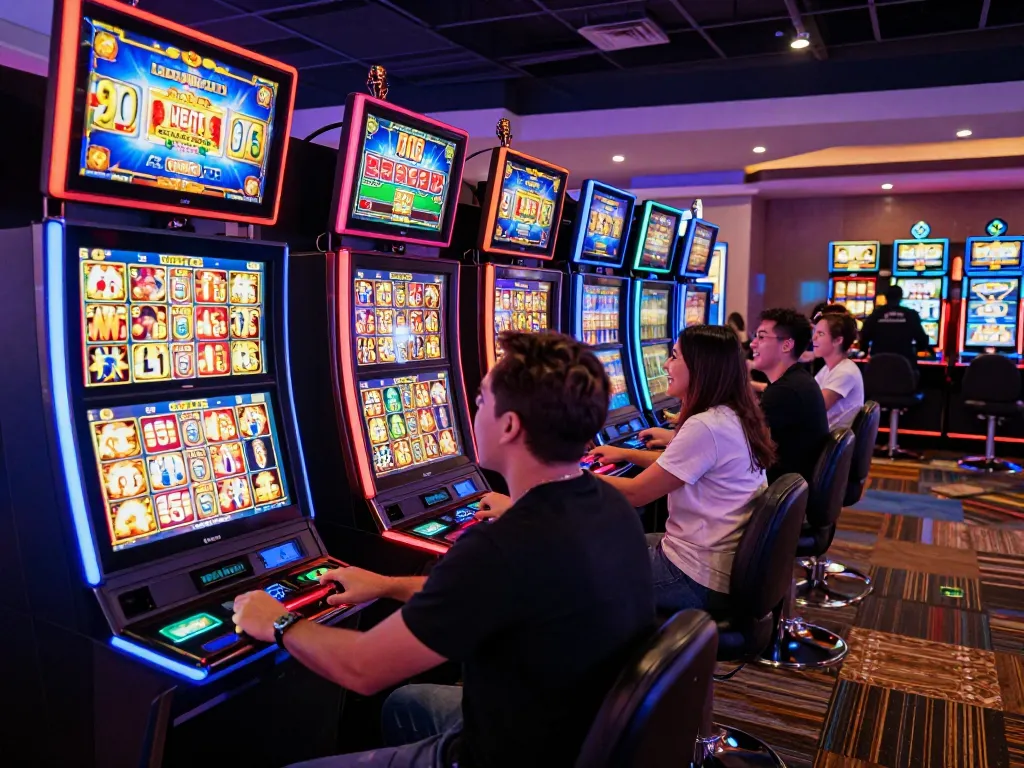 UGDEWA slot players enjoying dynamic gameplay with colorful machines and engaging displays