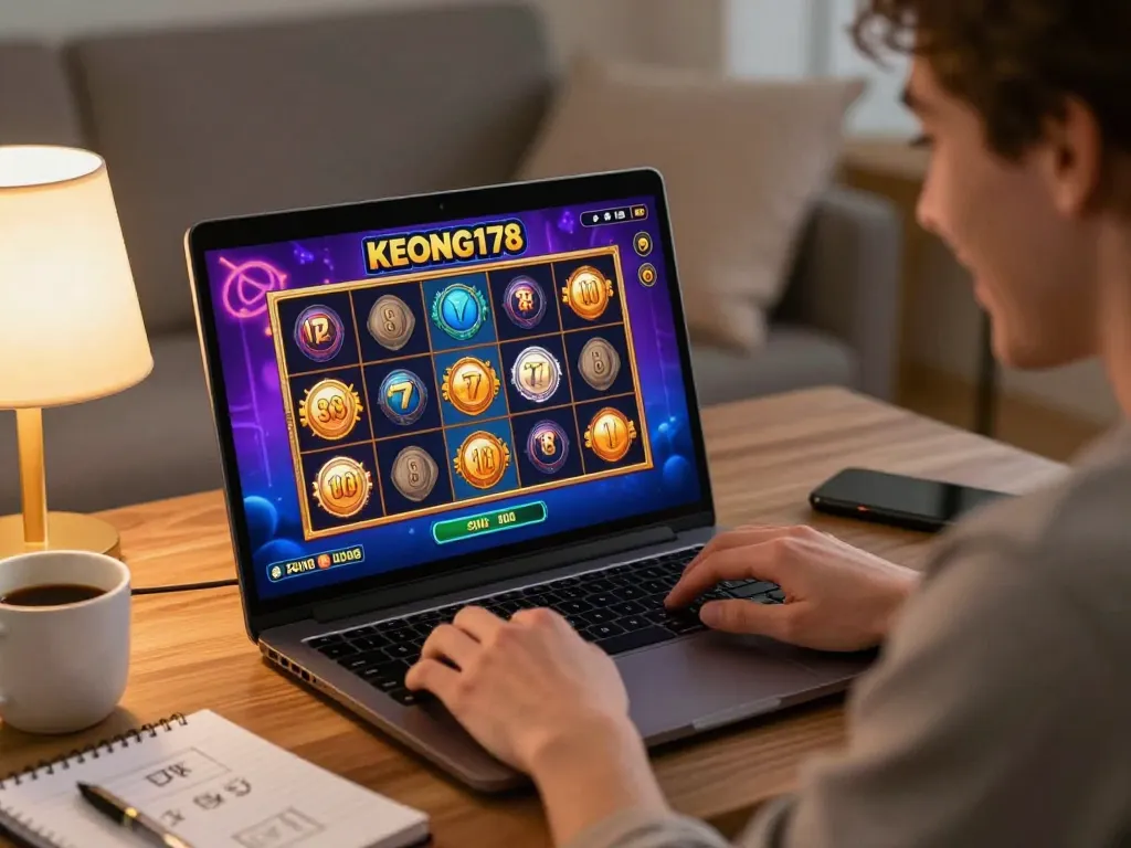 Engaging gameplay on KEONG178 online slot platform featuring vibrant game graphics in a cozy home.